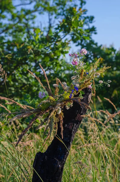 Uma Grinalda Flores Silvestres Ervas Tronco Árvore Carbonizada Preparação Para — Fotografia de Stock