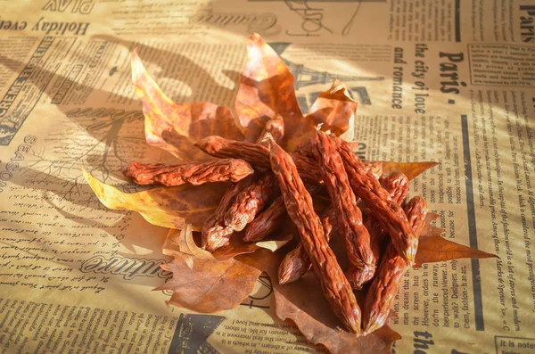 Fresh Flavored Hunting Sausages Smoked Apple Small Delicacies Warm Soft — Stock Photo, Image