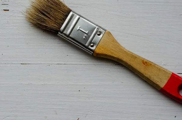 Paint Brush Wooden Board Cracked White Paint Repair Painting Works — Stock Photo, Image