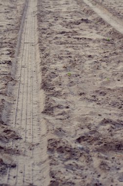 Kumda arabanın izleri var. Kumlu bir yoldaki bir cipin lastik izleri. Seyahat, turizm ve tatil. Seçici odak.