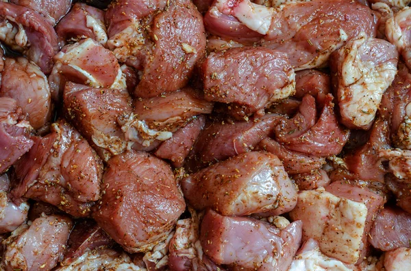 Kawałki Gotowe Pieczenia Węglu Marynowane Mięso Przyprawami Sosem Grubo Posiekana — Zdjęcie stockowe
