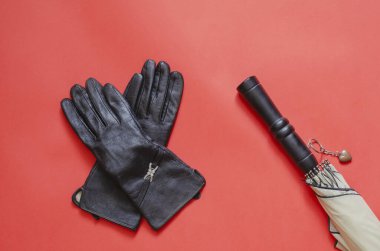 Deri eldivenler ve mercan arka planda bir şemsiye. Zarif bir şemsiyenin yanında bir çift siyah eldiven. Bir açıdan üstten bak. Boşluğu kopyala