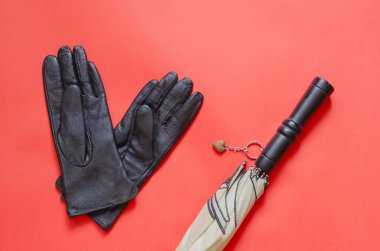 Deri eldivenler ve mercan arka planda bir şemsiye. Zarif bir şemsiyenin yanında bir çift siyah eldiven. Bir açıdan üstten bak. Boşluğu kopyala