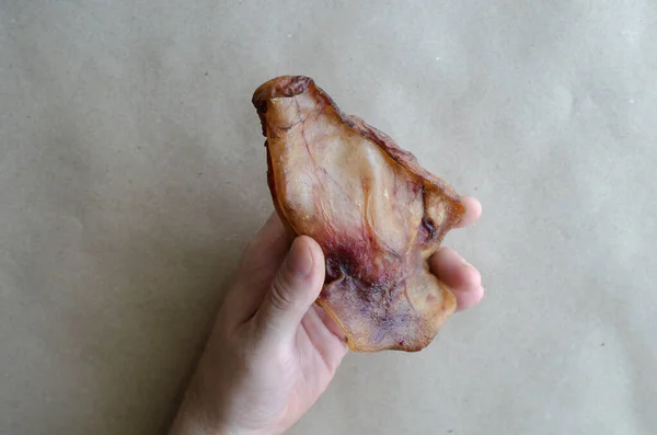 Hand Eines Erwachsenen Kaukasischen Mannes Mit Getrockneten Schweineohren Natürliche Getrocknete — Stockfoto