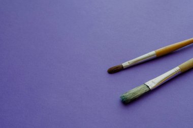 İki boya fırçasının yakın çekimi. Hobiler, yaratıcılık, sanat. Uzayı kopyala Seçici odak.