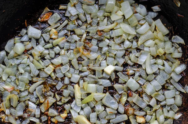 Cebolas Salteadas Panela Fritar Cebolas Picadas Comida Caseira Simples Cozinhar — Fotografia de Stock