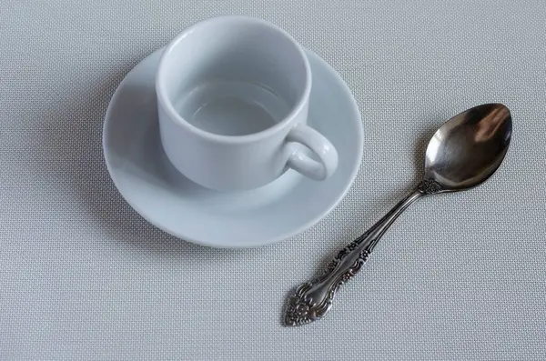 Empty White Coffee Cup Saucer Spoon White Textured Background Ceramic — Stock Photo, Image