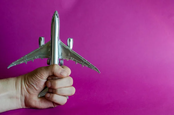 Hand Holds Model Silver Airplane Male Hand Holds Plane Tightly — Stock Photo, Image