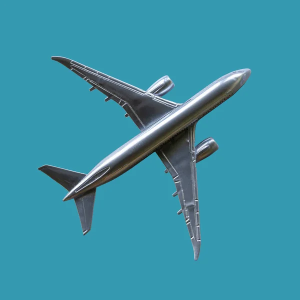 Silvery Model Airplane Top View Isolated Object Turquoise Background Air — Stock Photo, Image