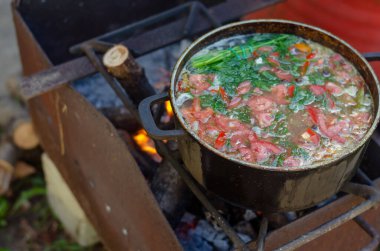 Balık çorbası domates ve dereotu ateşte pişiriliyor. Doğada demir bir kasede taze çorba. Etkin yaşam biçimi.