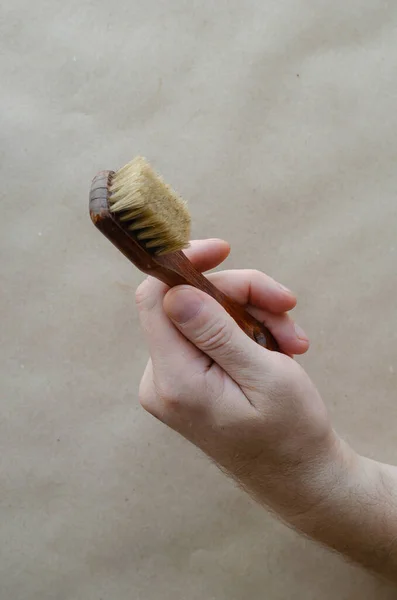 Caucasian Man Holding Small Wooden Clothes Brush Hand Middle Aged — Stock Photo, Image