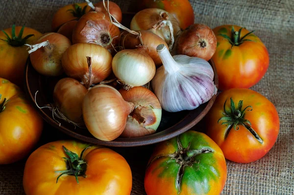 Tomates Amarelos Cebolas Alho Serapilheira Colheita Verduras Outono Resultado Trabalho — Fotografia de Stock