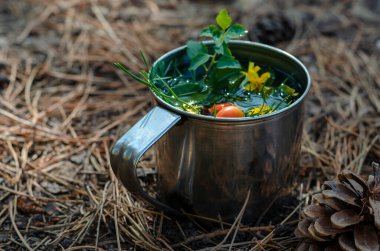 Ormandaki iğne ve kozalakların arasında bitki çayıyla dolu metal bir kupa. Gül kalçalarındaki bitki çayı ve paslanmaz çelik bardaktaki çeşitli otlar. Yürüyüş konsepti. Seçici odak.