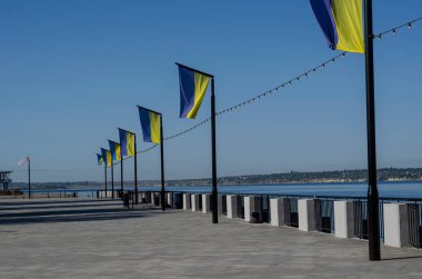 Boş Şehir setinin güzel manzarası. Nehrin karşı kıyısına bakan vatandaşlar için iyi korunan bir dinlenme alanı. Şehir manzarası