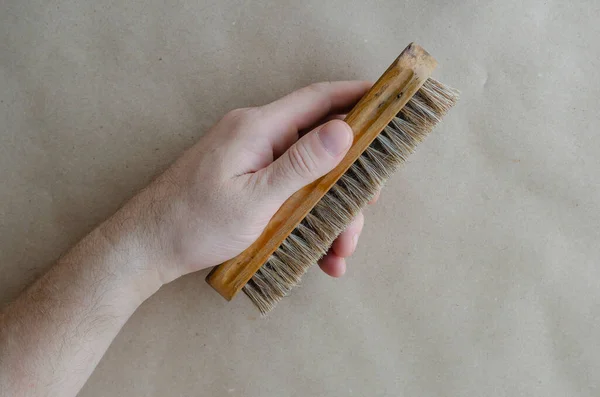Hand Caucasian Middle Aged Man Holding Wooden Clothes Brush Old — Stock Photo, Image