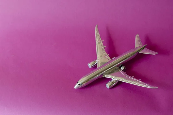 Model Passenger Plane Pink Background Silver Plane Close Air Transport — Stock Photo, Image