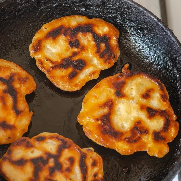 Burnt Pancakes Frying Pan Serving Homemade Refried Tortillas Top View — Stock Photo, Image