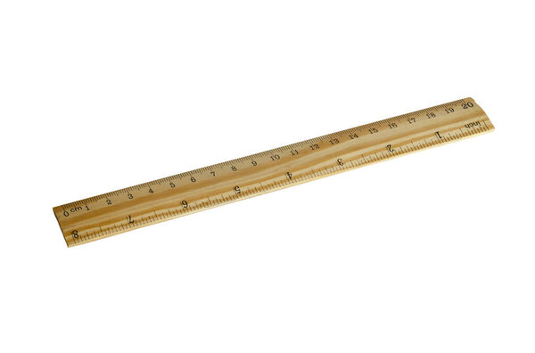 Yellow wooden ruler on a white background. The classic tool for drawing and measuring length. School and office supplies