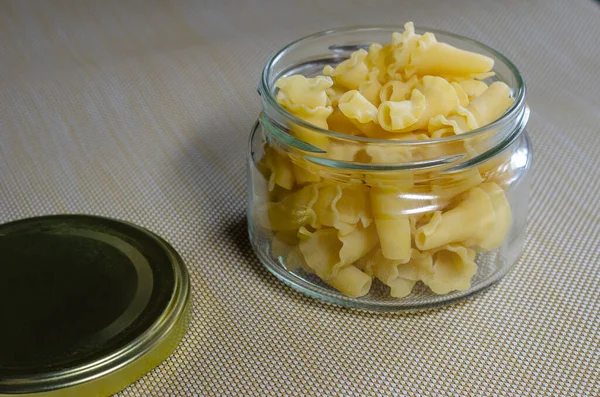 Tarro Vidrio Con Pasta Cruda Gigli Campanelle Porción Pasta Sin —  Fotos de Stock