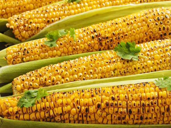 Fried fiatal kukorica, szétszórva koriander levelek, található egy fekete háttér. Részleges fókusz — Stock Fotó