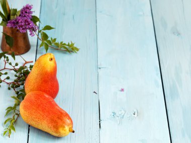 Mavi ahşap arka plan üzerinde su damlacıkları ile iki olgun kırmızı armut. Close. Arka planda kır çiçekleri. Metin için boş alan.