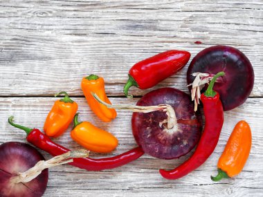 Taze kırmızı biber, kırmızı biber, kırmızı soğan gri ahşap arka plan üzerinde yer almaktadır. Üstte görüntü.