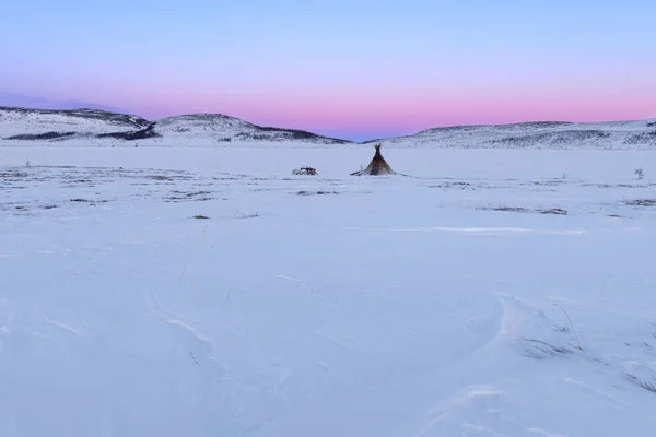 Pôr Sol Sobre Acampamento Pescadores Nômades Tundra Ártica Ural Polar — Fotografia de Stock
