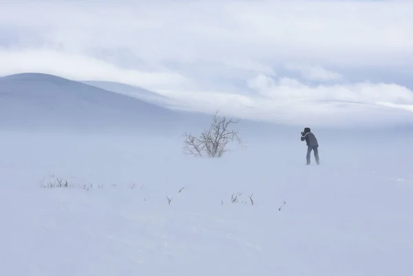 Silhueta Fotógrafo Atirando Uma Tempestade Neve Tundra Polar — Fotografia de Stock