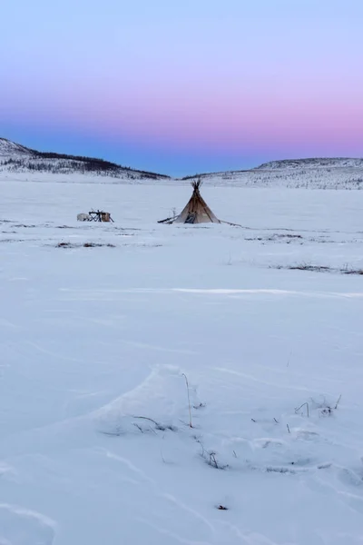 Zonsondergang Nomad Fisherman Camp Arctische Toendra Polar Ural — Stockfoto