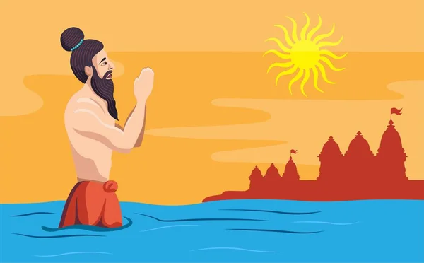 Sadhu rezando en el río santo — Vector de stock