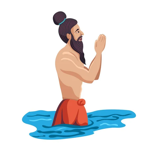 Sadhu praying in river isolated — Stock Vector