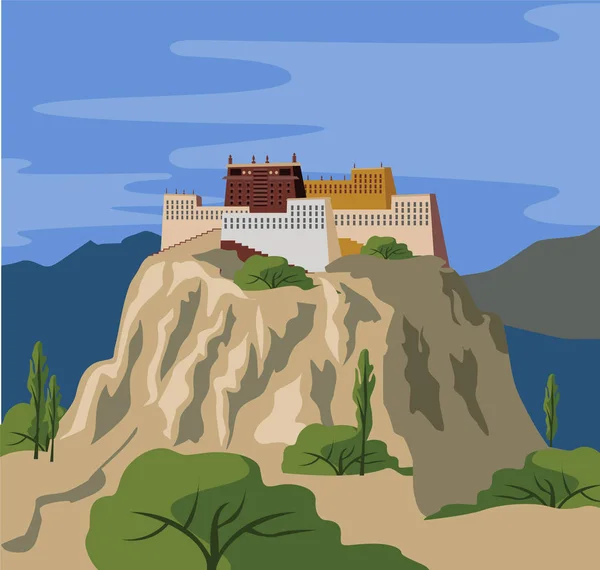 Mosteiro tibetano na montanha — Vetor de Stock