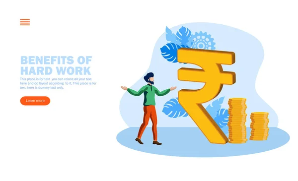 Persona mirando signo de rupia con monedas — Vector de stock