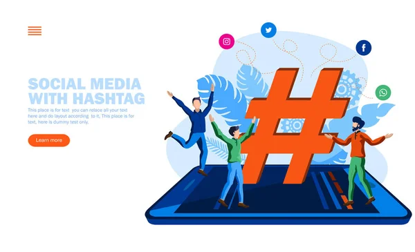 Personas disfrutando alrededor de hashtag e iconos de redes sociales en móviles — Vector de stock