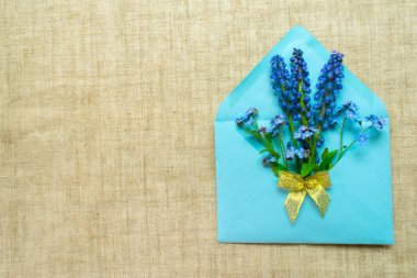Doğal keten yapılmış bir masa örtüsü üzerinde altın bir yay ile süslenmiş mavi bir zarf içinde Mousari ve küçük mavi çiçekler bir buket. Kartpostal. Kopyalama alanı
