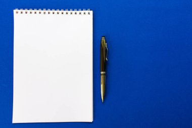 Tasarım konsepti - Düzen için mavi arka plan üzerinde spiral okul dizüstü ve kalem koleksiyonunun en iyi görünümü