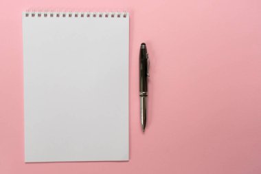 Tasarım konsepti - Düzen için pembe bir arka plan üzerinde spiral okul dizüstü ve kalem koleksiyonunun en iyi görünümü. Kopyalama alanı