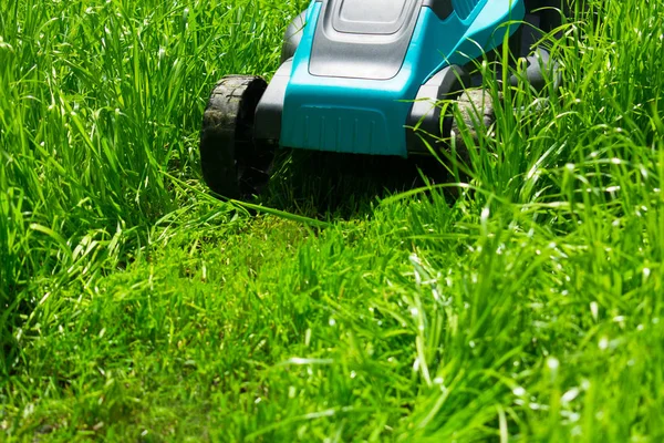 Lawn Mower Cutting Green Grass Work Garden — Stock Photo, Image