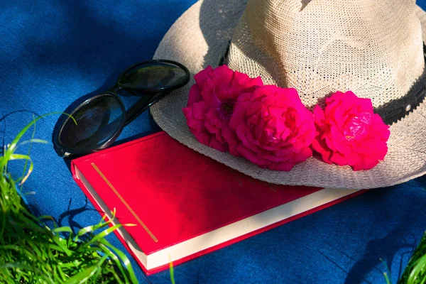 Summer hat with rose color, a book and sunglasses on green grass. Concept for summer holiday