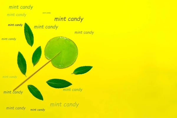 Lolipop Mint Candy Stick Mint Petals Bright Yellow Background Copy — Stock Photo, Image