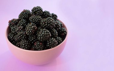 Mor bir arka plan üzerinde izole bir tabakta taze böğürtlen. Kopyalama alanı.