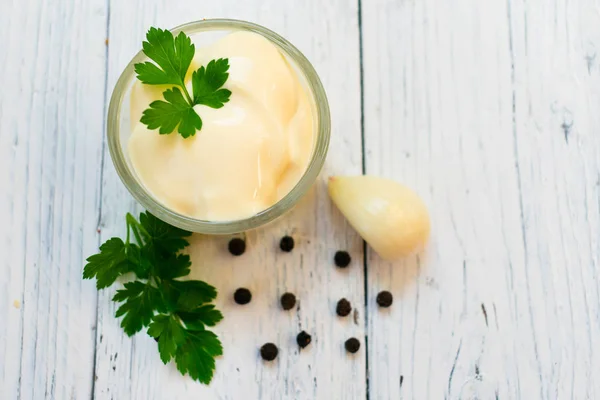 Mayonnaise Sauce Parsley Garlic White Wooden Background Top View — Stock Photo, Image