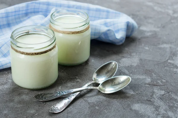 Řecký Jogurt Skleněných Skleničkách Lžíci Šedém Podkladě — Stock fotografie