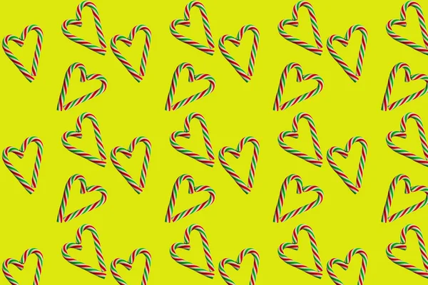 Little Hearts Christmas Candies Yellow Background Seamless Pattern Wrapping Paper — Stock Photo, Image