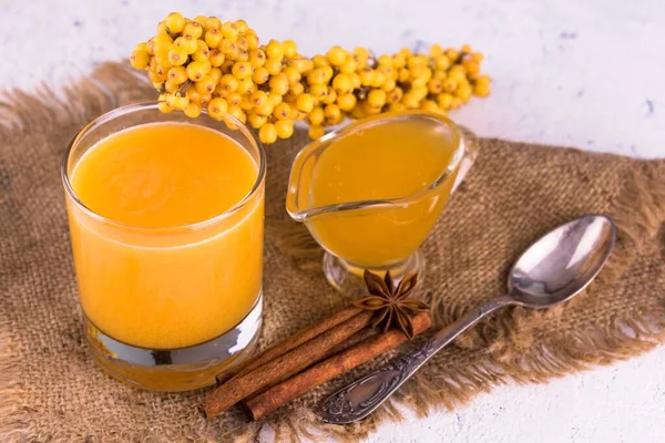 Glass Fruit Sea Buckthorn Honey Cinnamon Close Autumn Vitamin Drink