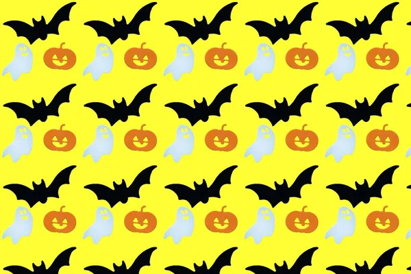 Halloween Zökkenőmentes Minta Sütőtök Denevér Szellemek Egy Sárga Háttér Csomagolópapír — Stock Fotó