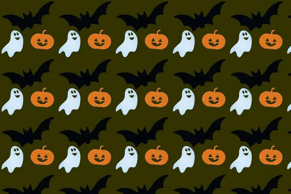 Halloween Sömlöst Mönster Med Pumpor Bat Och Spöken Grön Bakgrund — Stockfoto