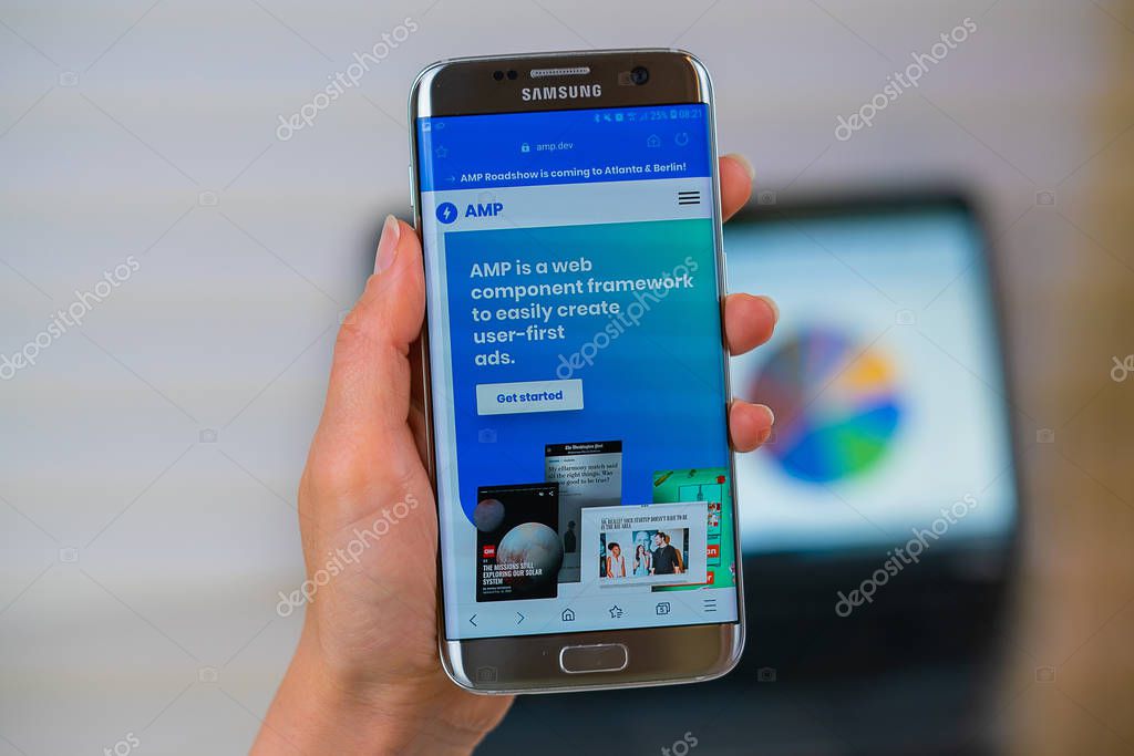 Barcelona / Spain 05 25 2019: Amp web site on mobile phone screen. Mobile version of Amp company web page on smartphone. Official web page of Amp