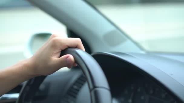 Hand of the driver on the car steering wheel while driving on the highway — Stock Video