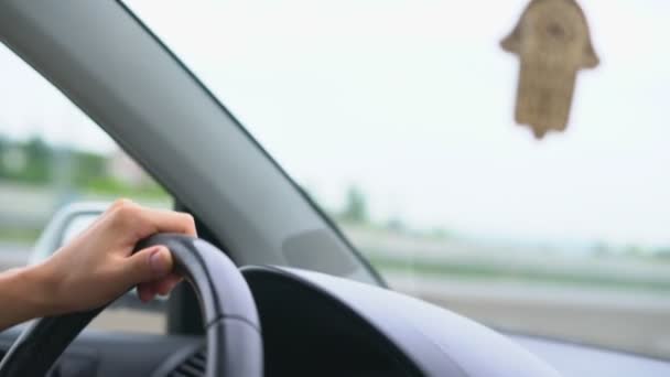 Main Conducteur Sur Volant Conduisant Sur Autoroute Sur Fond Tableau — Video